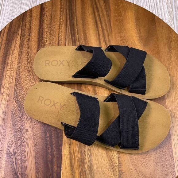 Roxy Women's 8.5 Open Toe Tan Black Cork Canvas Sandals Slides Beach - Picture 9 of 9